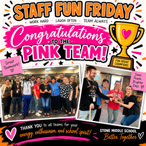 images of teachers who were part of the pink team showing off their winning trophy.