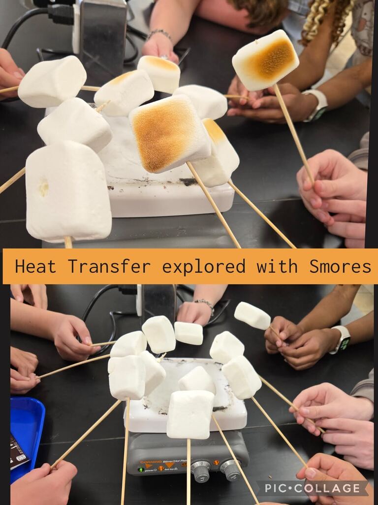 image of students heating up marshmallows on sticks with the words heat transfer explored with smores