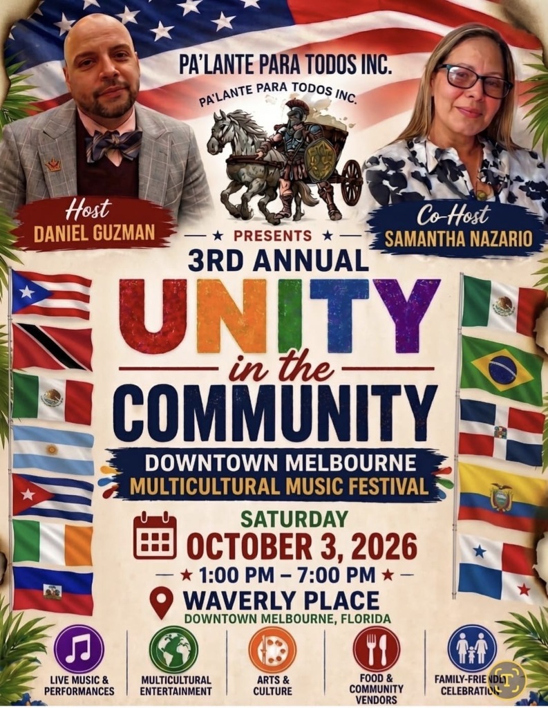 Unity in the Community Downtown Melbourne Multicultural Music Festival  Saturday October 3, 2026 1:00PM - 7:00PM Waverly Place Downtown Melbourne