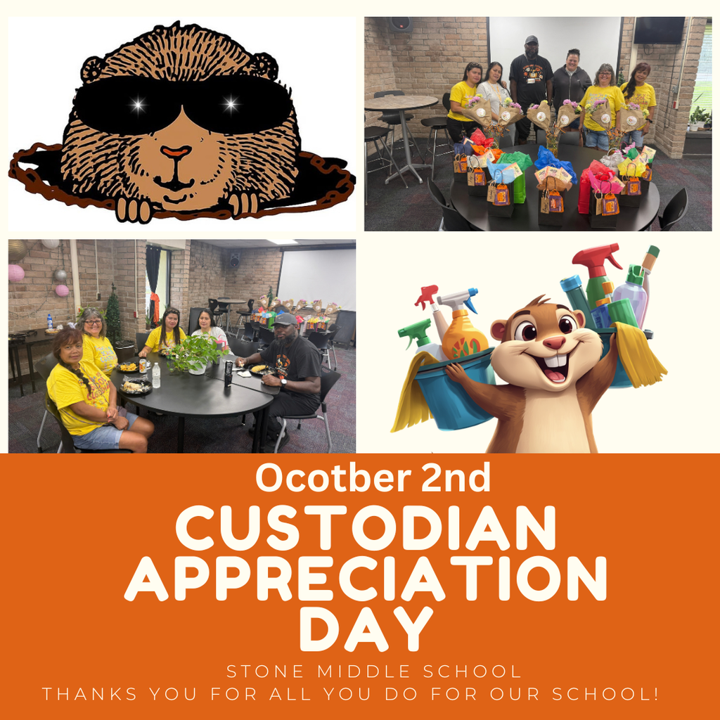Stone logo, images of custodians eating lunch and receiving gift bags.