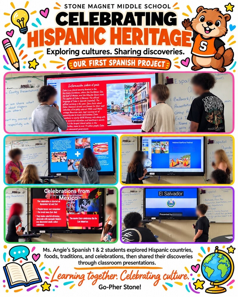 images of students presenting powerpoints with the words celebrating hispanic heritage exploring cultures. sharing discoveries.  