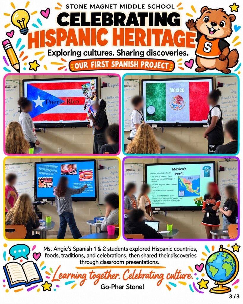 images of students presenting powerpoints with the words celebrating hispanic heritage exploring cultures. sharing discoveries.  
