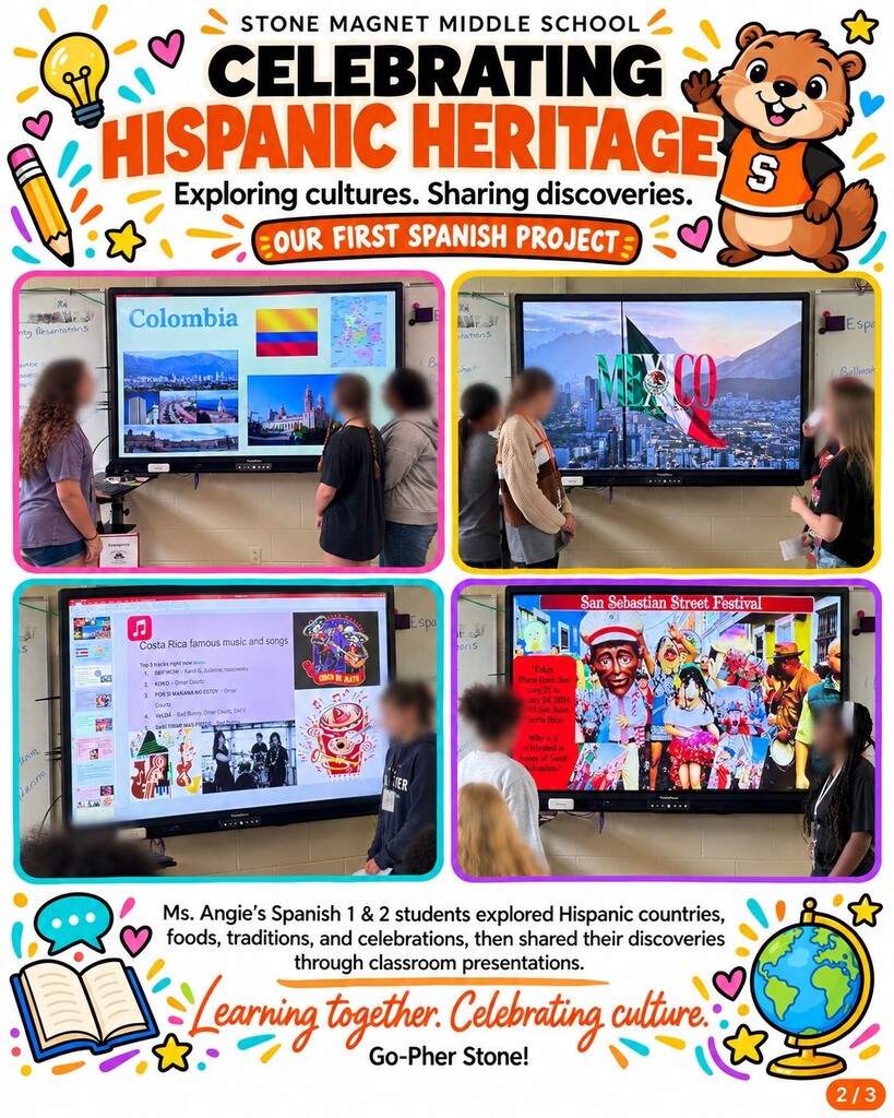 images of students presenting powerpoints with the words celebrating hispanic heritage exploring cultures. sharing discoveries.  