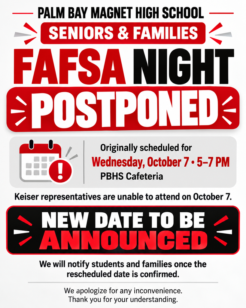 Seniors & Families FAFSA NIGHT POSTPONED Originally scheduled for 10/7/2026 Wednesday 5 - 7 PM in the Cafeteria Keiser representatives are unable to attend on October 7. New Date to be announced. We will notify students and families once the rescheduled date is confirmed. We apologize for any inconvenience. Thank you for understanding.