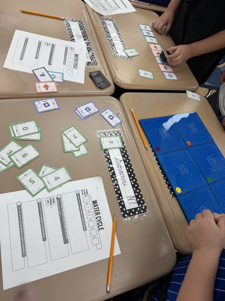 tudents use KaiBots, coding cards, and water cycle worksheets to plan and test programmed movements that represent collection, evaporation, condensation, precipitation, and runoff during a STEM lesson.