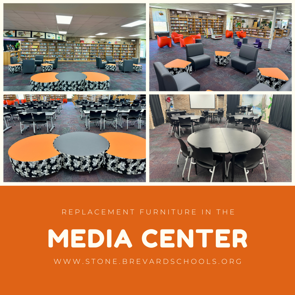 images of furniture in the media center with the words replacement furniture in the media center