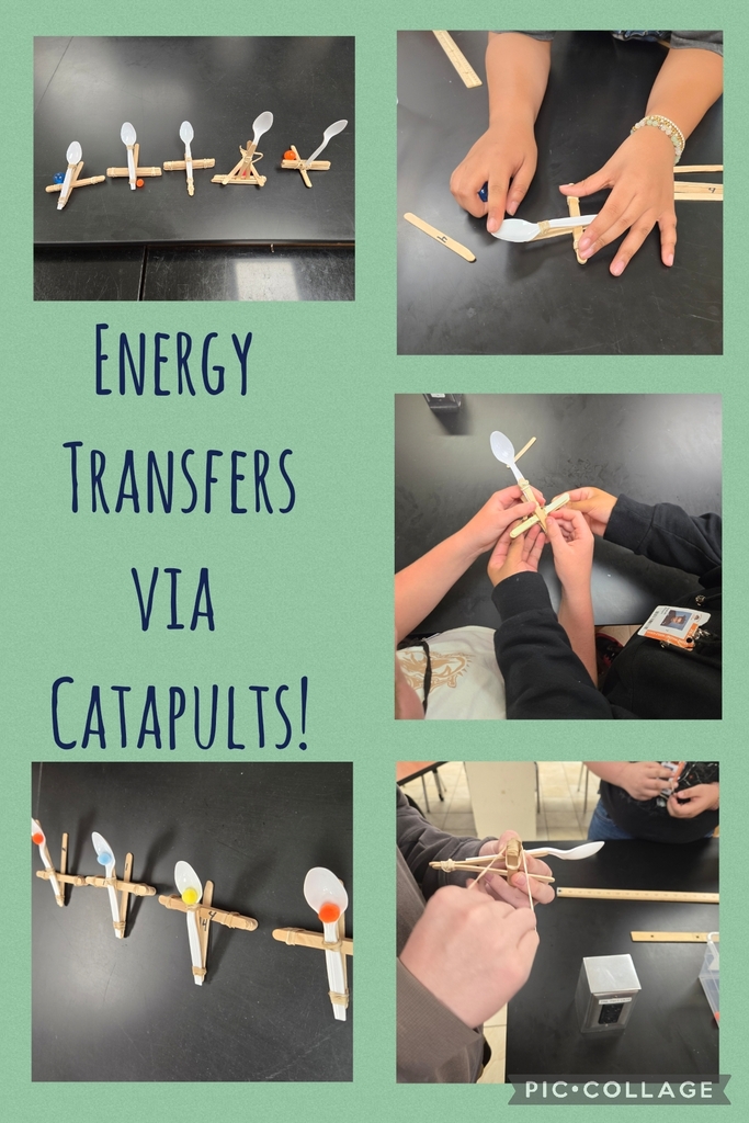 images of students hands building catapults out of wood and plastic spoons with the words energy transfers via catapults