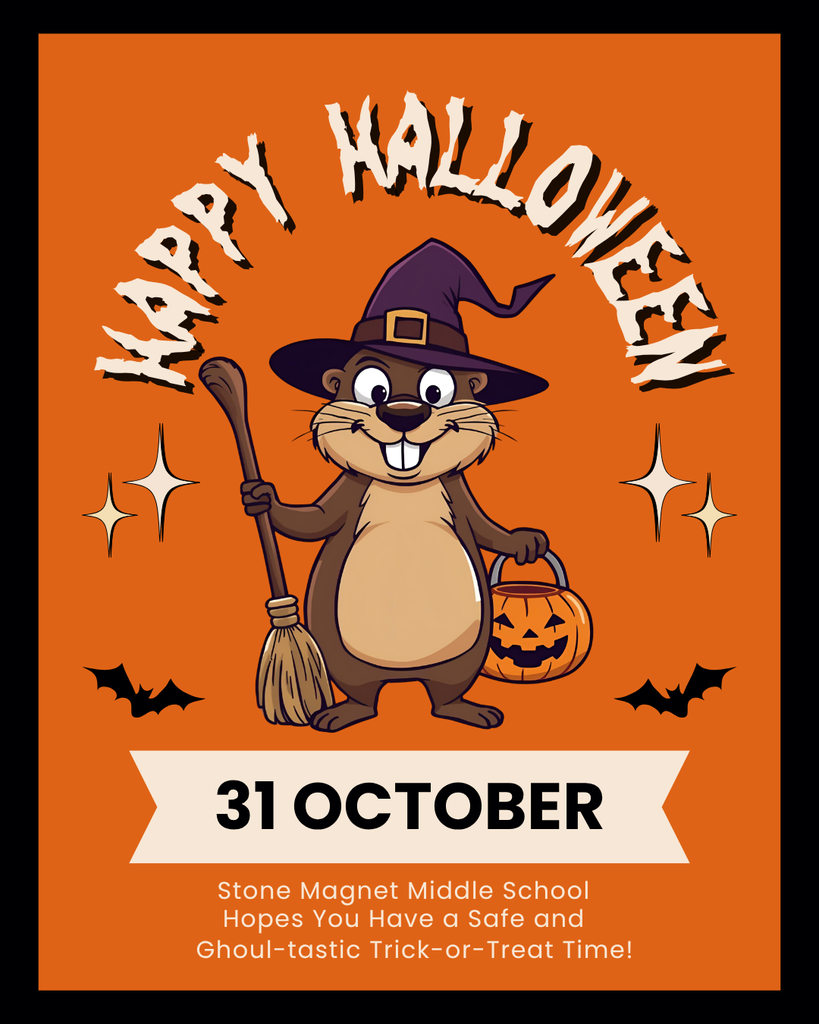 image of a cartoon gopher holding a broom and a pumpkin bucket with happy halloween