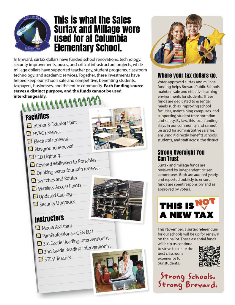 An informational flyer titled "This is what the Sales Surtax and Millage were used for at Columbia Elementary School."  At the top left, the Columbia Elementary Comets circular logo appears next to the main title.  Introductory Paragraph: "In Brevard, surtax dollars have funded school renovations, technology, security improvements, buses, and critical infrastructure projects, while millage dollars have supported teacher pay, student programs, classroom technology, and academic services. Together, these investments have helped keep our schools safe and competitive, benefiting students, taxpayers, businesses, and the entire community. Each funding source serves a distinct purpose, and the funds cannot be used interchangeably."