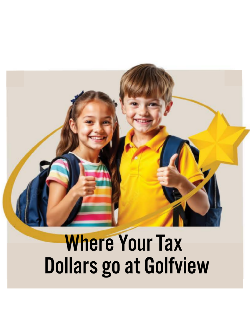 Boy and girl wearing backpacks, circled by a star. Where Your Tax Dollars go at Golfview.