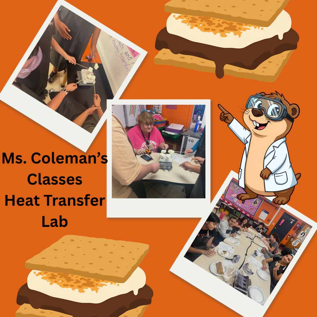 pictures of kids doing science lab making smores and a cartoon gopher in goggles and a lab coat