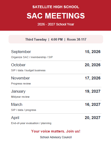 Satellite High SAC Meeting Dates 2026-27