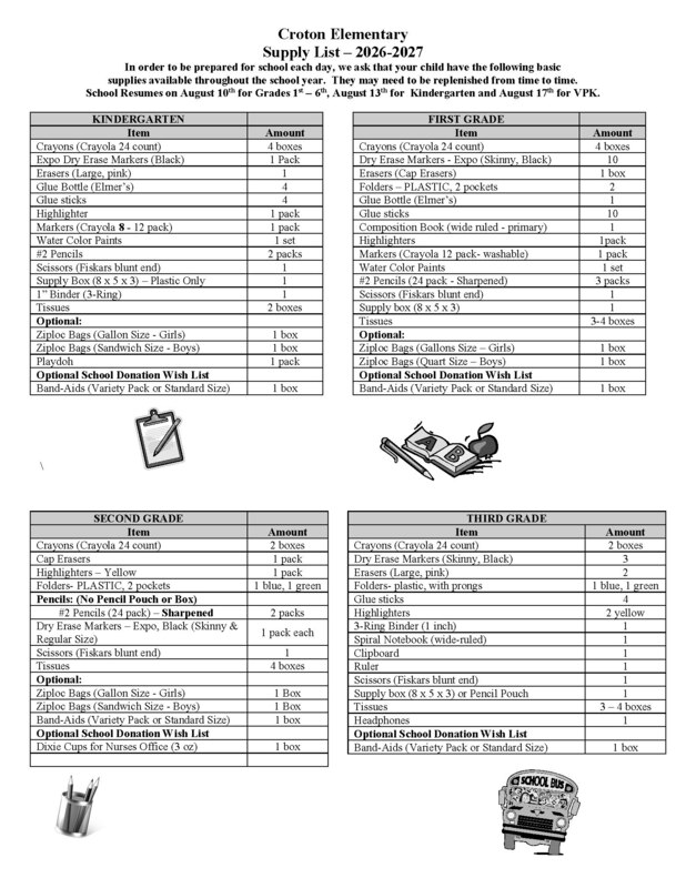 Croton Supply List 2026-27