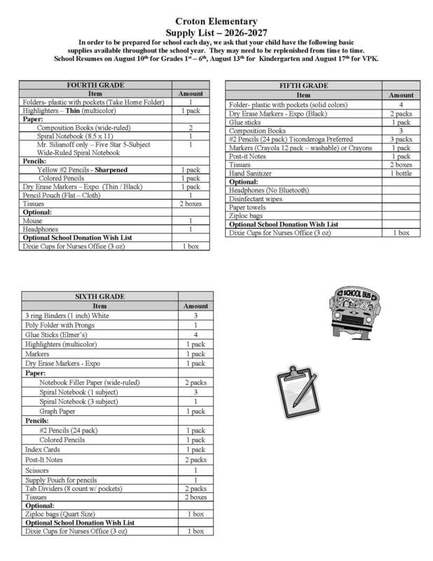 Croton's Supply List 2026-27