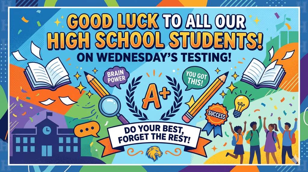 We want to give our best wishes to our juniors and sophomores as they take on the ACT  Wednesday and our freshmen will take the PSAT.
