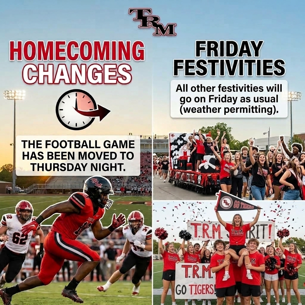 Due to the possibility of inclement weather, including storms with significant lightning chances, the T.R. Miller football game against Excel, along with the Homecoming Court, has been moved to Thursday, October 1, 2026. Homecoming Court: Thursday Night (6:30 p.m.) Football Game: Thursday Night (7 p.m.)