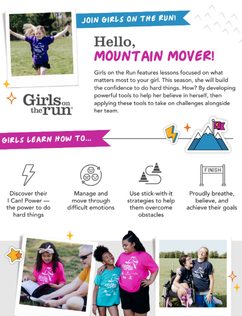 A poster for "Girls on the Run!" with the headline "Hello, Mountain Mover!" The poster features a photo of a young girl with blonde hair joyfully running in a purple Girls on the Run! t-shirt. Below this, there are four illustrations with text describing what girls learn: "Discover their I Can! Power," "Manage and move through difficult emotions," "Use stick-with-it strategies to help them overcome obstacles," and "Proudly breathe, believe, and achieve their goals." The bottom of the poster has three photos of diverse groups of girls and adults participating in the program, including one with a girl in a wheelchair. The text describes how the program builds confidence and provides tools for girls to believe in themselves and overcome challenges with their team.