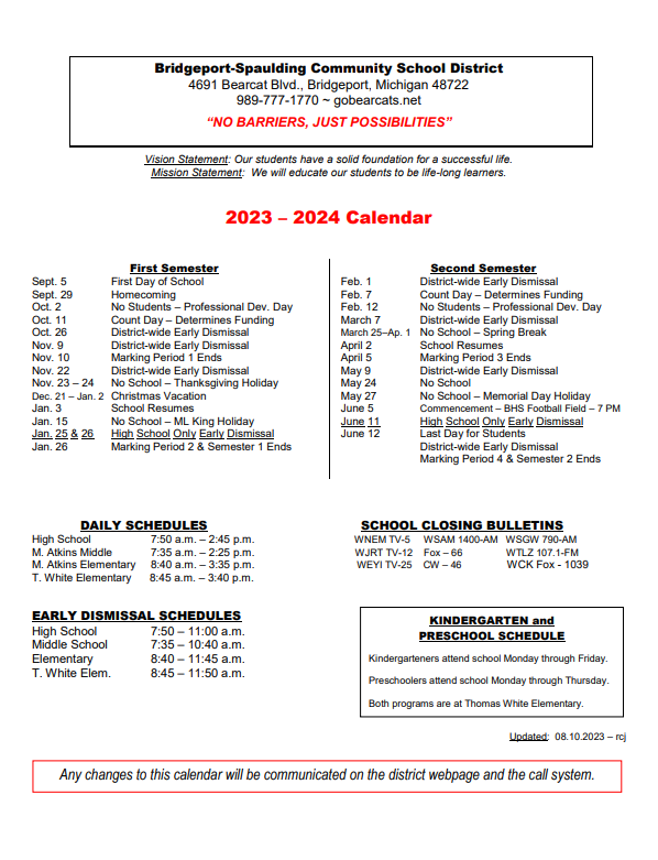 2023-2024 District Calendar | Bridgeport-Spaulding Community School District