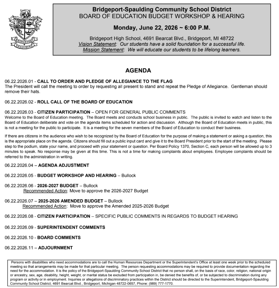 Revised School Board Meeting Agenda for Monday, June 22, 2026