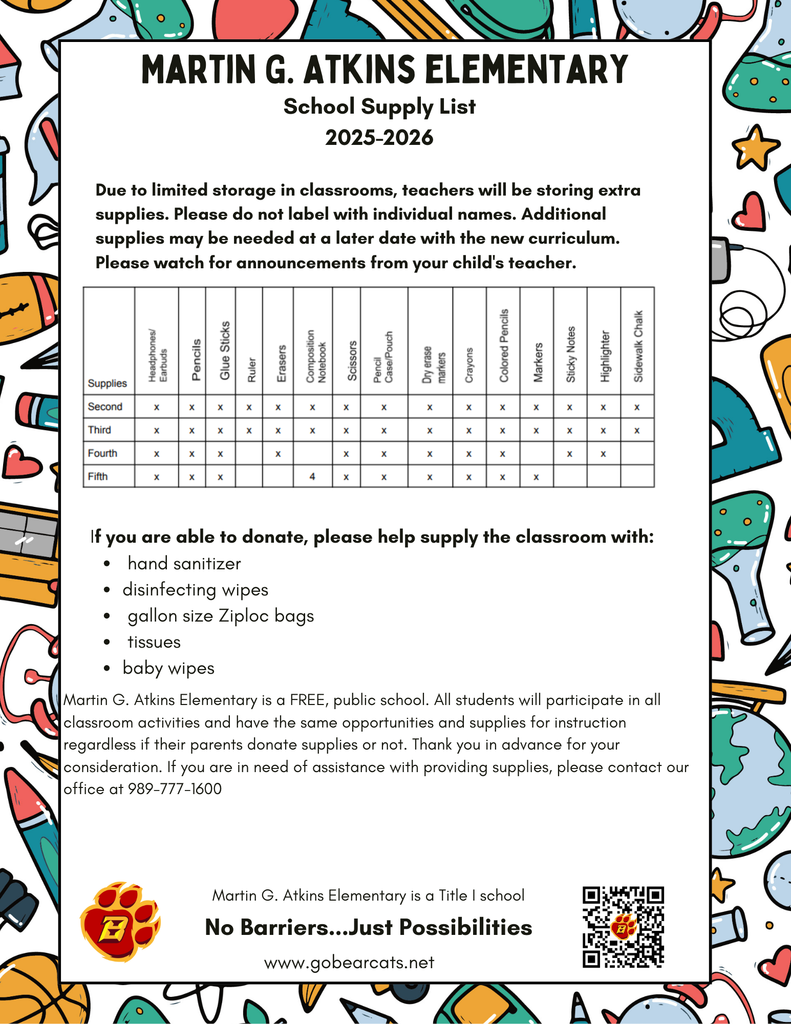 A school supply list from Martin G. Atkins Elementary for the 2025-2026 school year. The list is presented in a grid format, showing which supplies are needed for students in second, third, fourth, and fifth grade. The supplies include headphones, pencils, glue sticks, erasers, composition notebooks, scissors, a pencil case or pouch, dry erase markers, crayons, colored pencils, markers, sticky notes, highlighters, and sidewalk chalk. The list notes that due to limited storage, teachers will store extra supplies, and items should not be labeled with individual names. Below the chart, there is a list of optional items for donation, including hand sanitizer, disinfecting wipes, gallon-size Ziploc bags, tissues, and baby wipes. The bottom of the flyer includes a message from the school stating that all students will have the same opportunities and supplies regardless of donations and provides a phone number for assistance. The school's motto, "No Barriers...Just Possibilities," and a QR code are also at the bottom. The entire page has a decorative border of various school supplies.