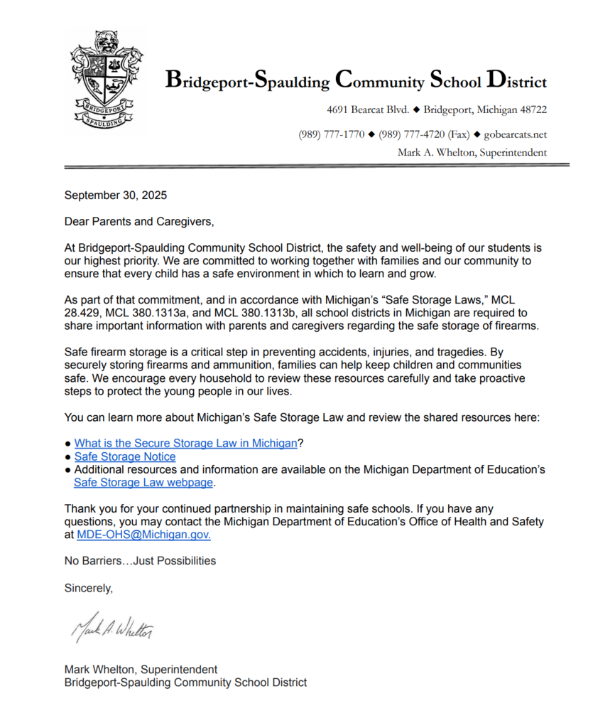Official letter dated September 30, 2025, from Mark A. Whelton, Superintendent of Bridgeport-Spaulding Community School District, to Parents and Caregivers. The letter discusses the safety and well-being of students, references Michigan's **"Safe Storage Laws"** (MCL 28.429, 380.1313a, and 380.1313b), and provides links to resources on secure firearm storage and contact information for the Michigan Department of Education.