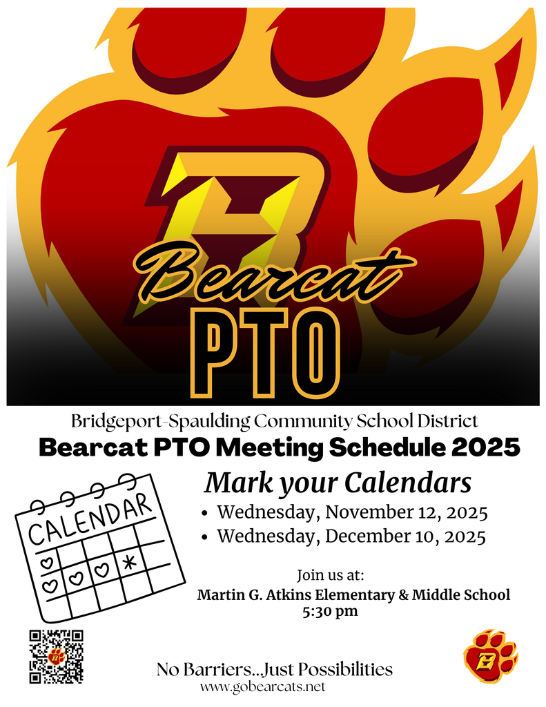 Poster for the Bridgeport-Spaulding Community School District Bearcat PTO Meeting Schedule 2025. It lists meeting dates as Wednesday, November 12, 2025 and Wednesday, December 10, 2025, both at 5:30 pm at Martin G. Atkins Elementary & Middle School. The design features a large Bearcat paw print, the text "Bearcat PTO," and a small calendar icon.