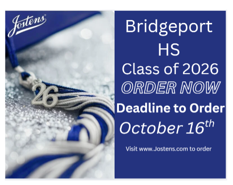 A close-up image of a blue and white graduation tassel with a silver '26 charm, resting on a sparkly silver background. Text overlay reads: "Bridgeport HS Class of 2026. ORDER NOW. Deadline to Order October 16th. Visit www.Jostens.com to order."