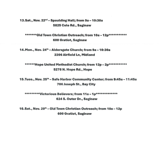 three-part document titled "Food Giveaway" listing a schedule of food distribution events throughout November in the Saginaw, Bay City, Midland, Pinconning, Freeland, Bridgeport, Hope, and Standish areas.