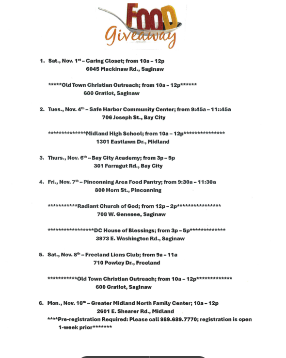 three-part document titled "Food Giveaway" listing a schedule of food distribution events throughout November in the Saginaw, Bay City, Midland, Pinconning, Freeland, Bridgeport, Hope, and Standish areas.