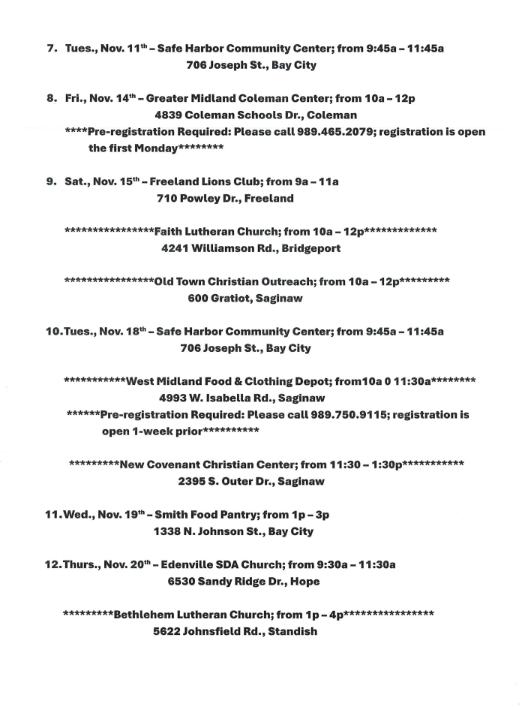 three-part document titled "Food Giveaway" listing a schedule of food distribution events throughout November in the Saginaw, Bay City, Midland, Pinconning, Freeland, Bridgeport, Hope, and Standish areas.