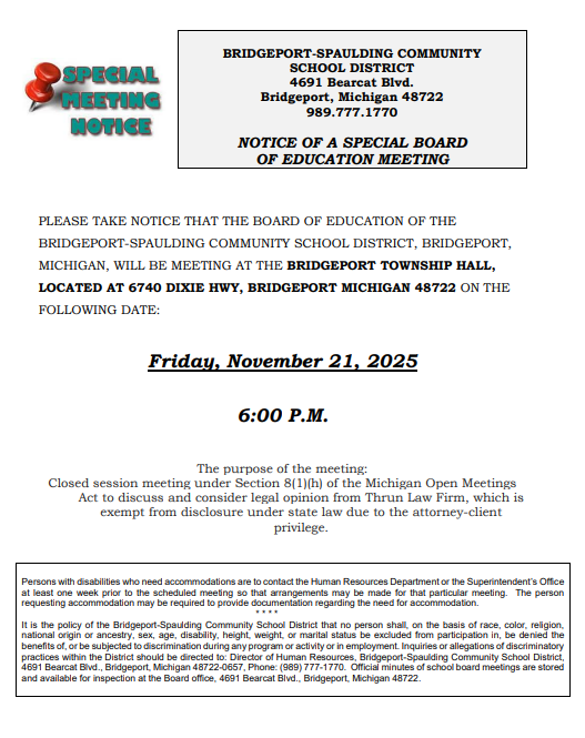 SPECIAL BOARD OF EDUCATION MEETING NOTICE - NOV 21 2025 6PM