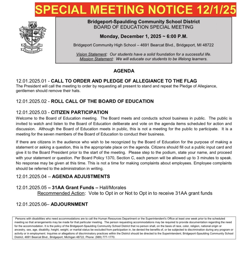 SPECIAL BOARD OF EDUCATION MEETING NOTICE - DECEMBER 1ST 2025