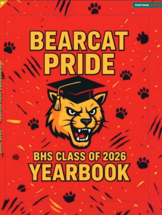 Red and orange graphic with "Bearcat Pride" in large yellow letters. Features a stylized bearcat mascot wearing a graduation cap, surrounded by black paw prints. Text at the bottom reads: "BHS Class of 2026 Yearbook."