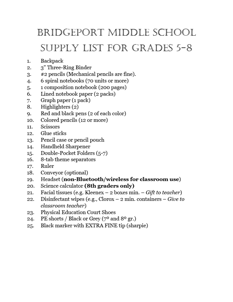Middle School supplies list 