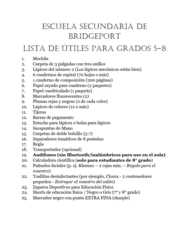 Middle School supplies list 