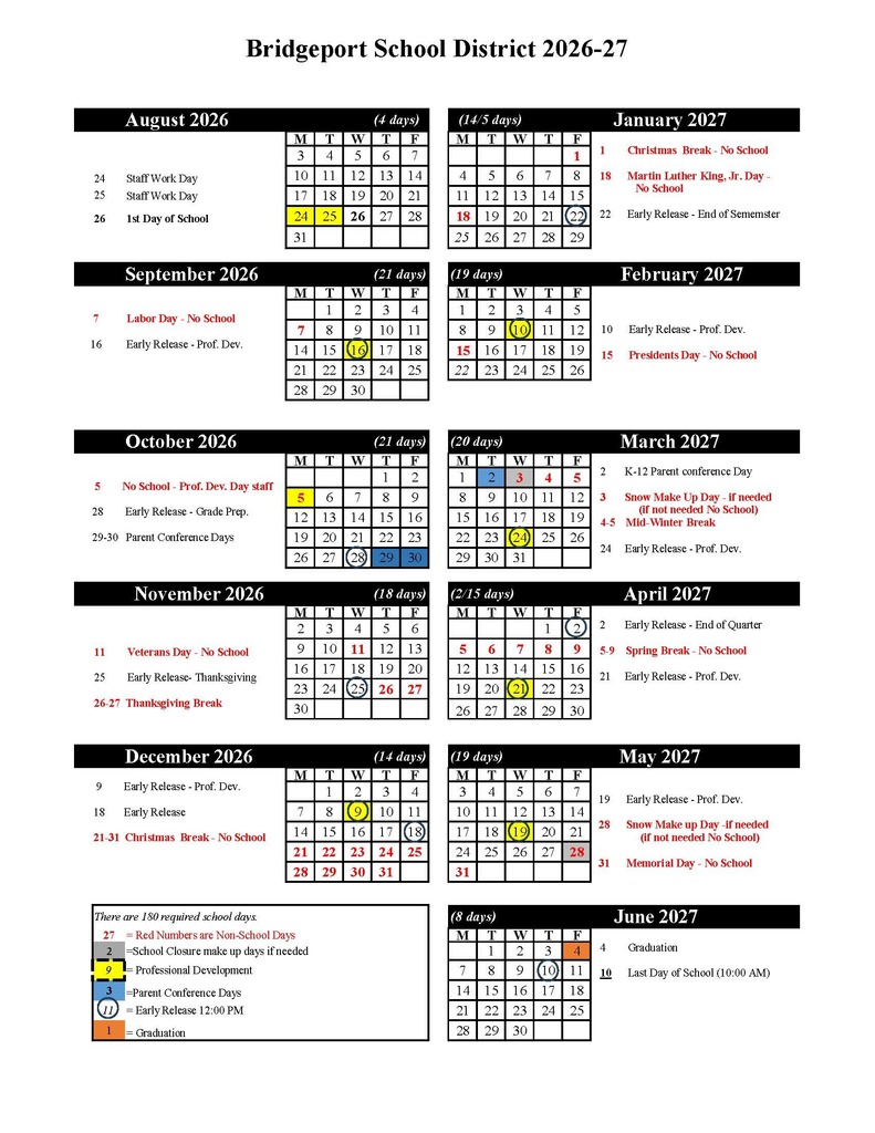 Bridgeport School District Calendar 2026-27 ENG.