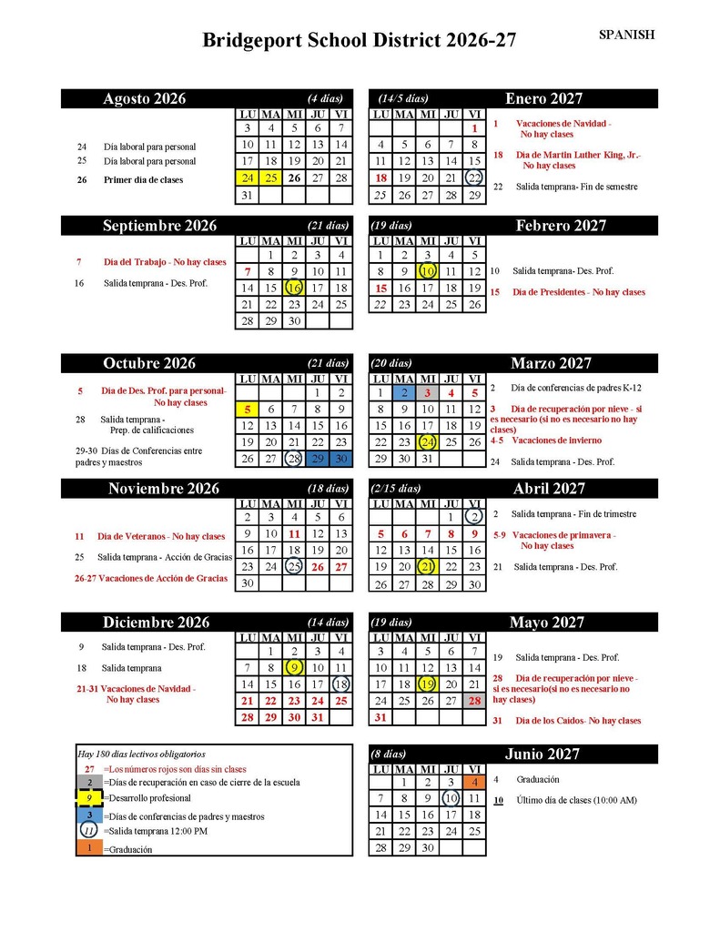 Bridgeport School District Calendar 2026-27 SPN