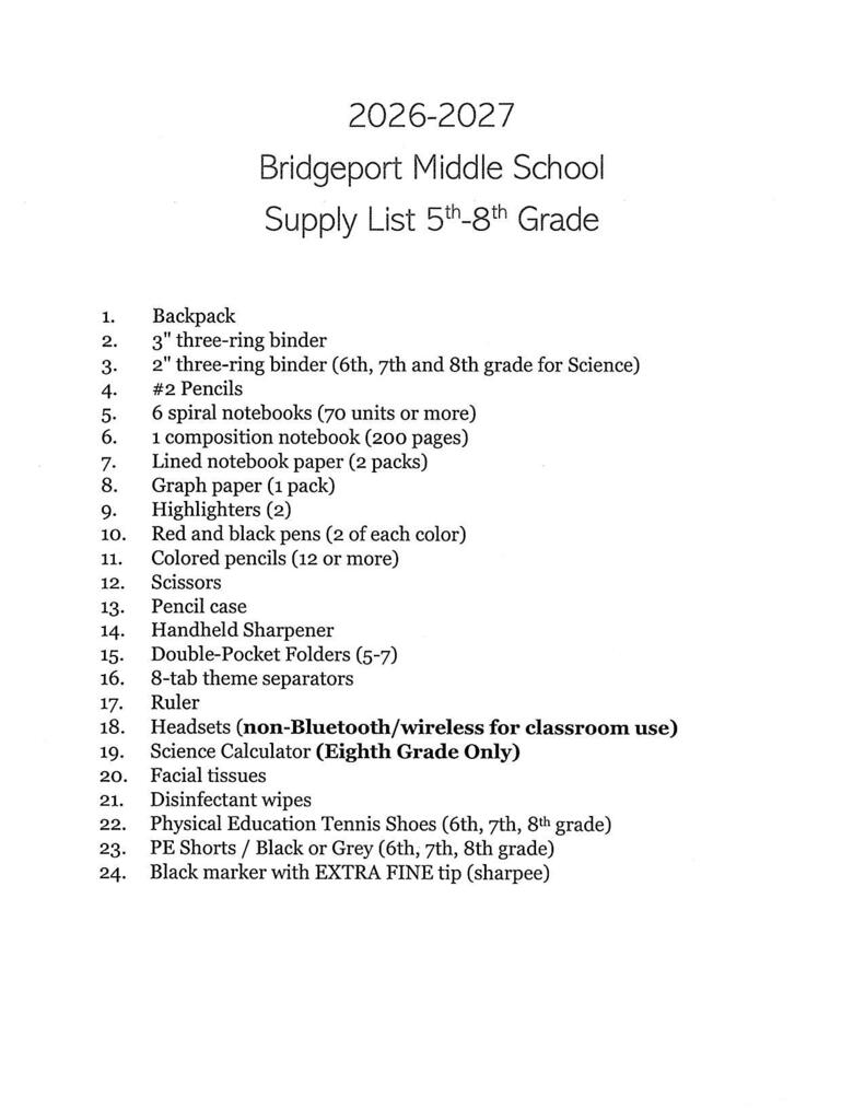 Middle School supplies list 