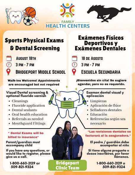 Sports Physical Exams & Dental Screening on August 18th from 3:00pm to 7:00pm at Bridgeport Middle School