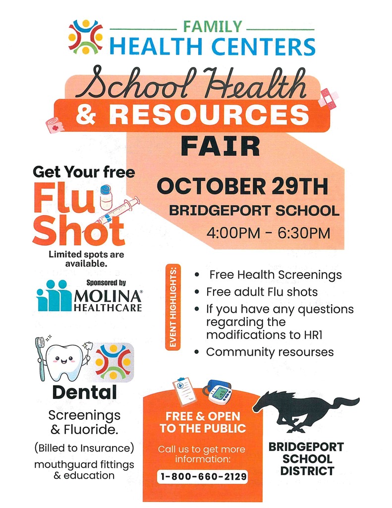 School health & resource fair Ocober 29, 2026. Free flu Shots 4pm to 6:30 pm