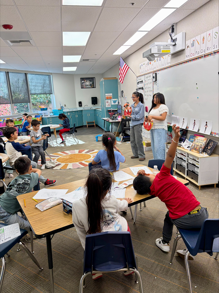 High school students demonstrate anatomical organ models to a classroom of elementary students.