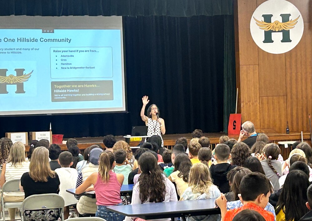 Tali speaks at Hillside school starting assembly