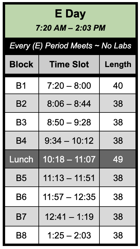 E Day Bell Schedule Tomorrow