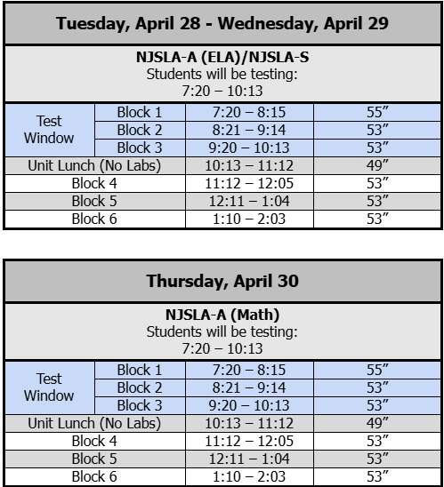 bell schedule NJSLA