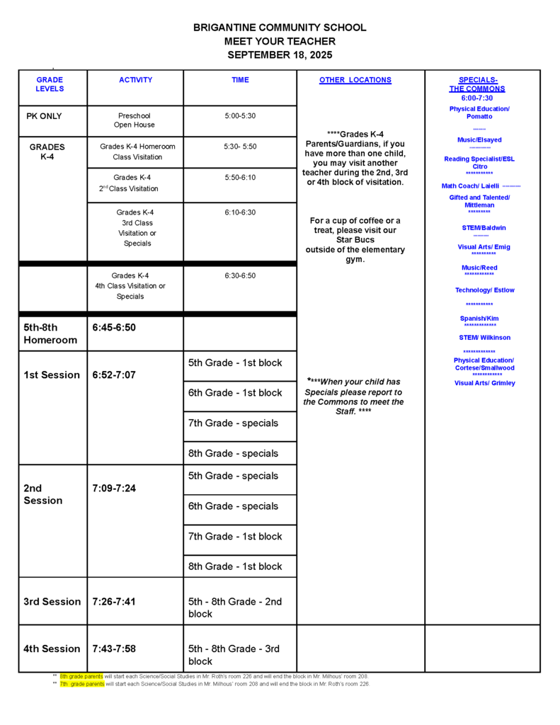 BCS Meet the Teacher Night Schedule