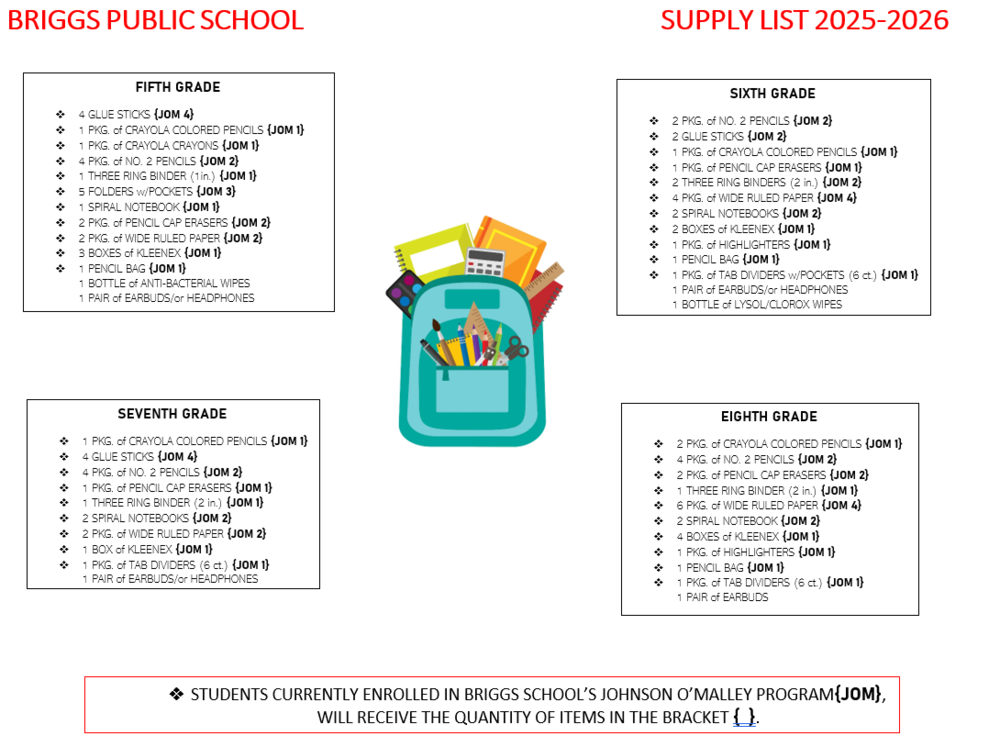 5th Grade through 8th Grade School Supplies