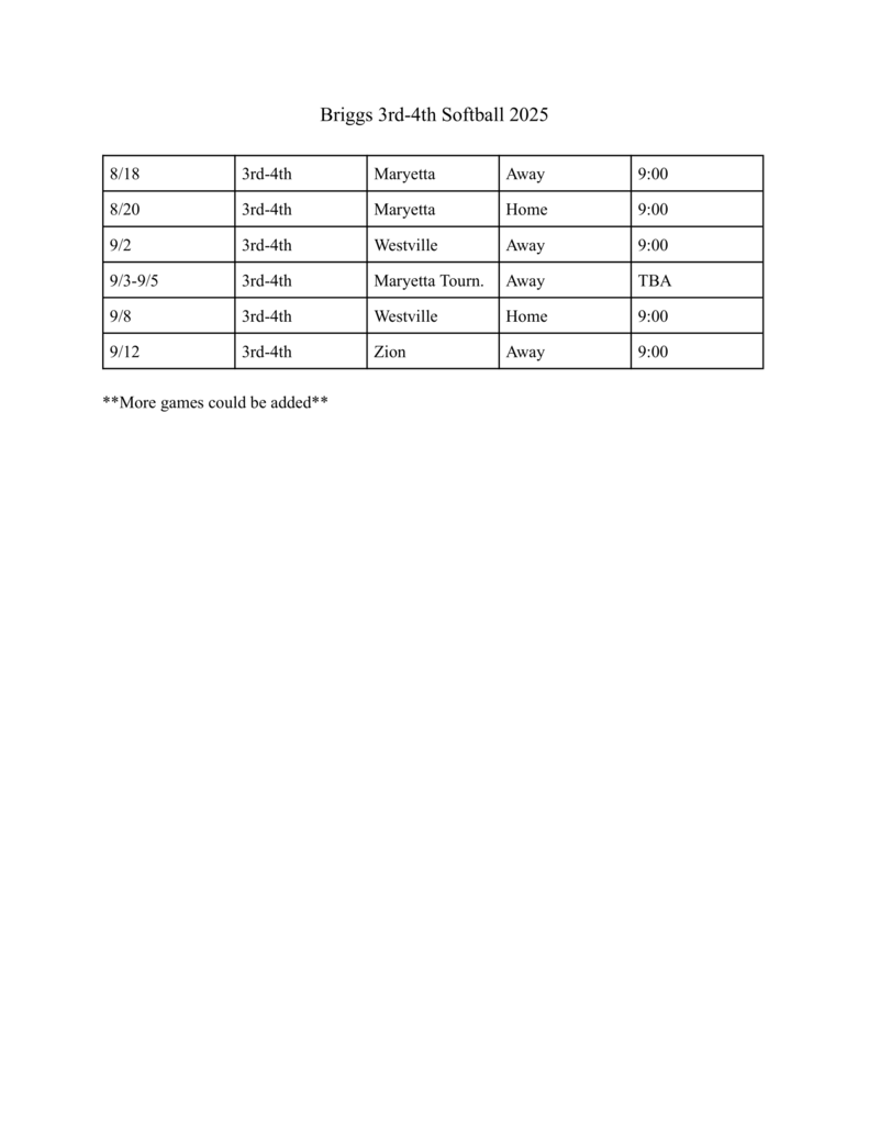 3rd & 4th Softball Schedule