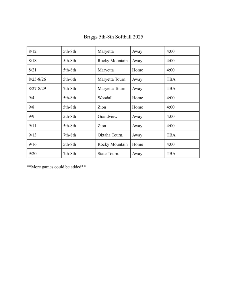 5th - 8th Grade Softball Schedule