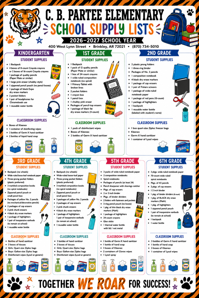 C.B. Partee Elementary School Supply Lists 2026-27 School year.