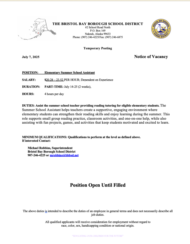 Job Posting - Summer School Assistant 2025